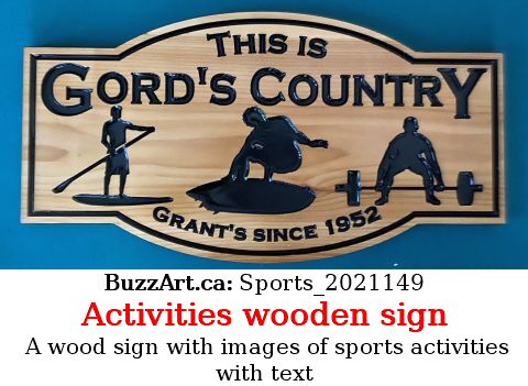 A wood sign with images of sports activities with text